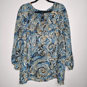 Catherines Womens 3X 26/28W Blue Teal Abstract V-Neck Studded Sheer Top‎ Blouse